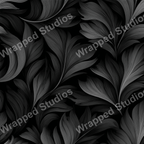 Elegant monochrome floral pattern featuring stylized leaves on a dark background.