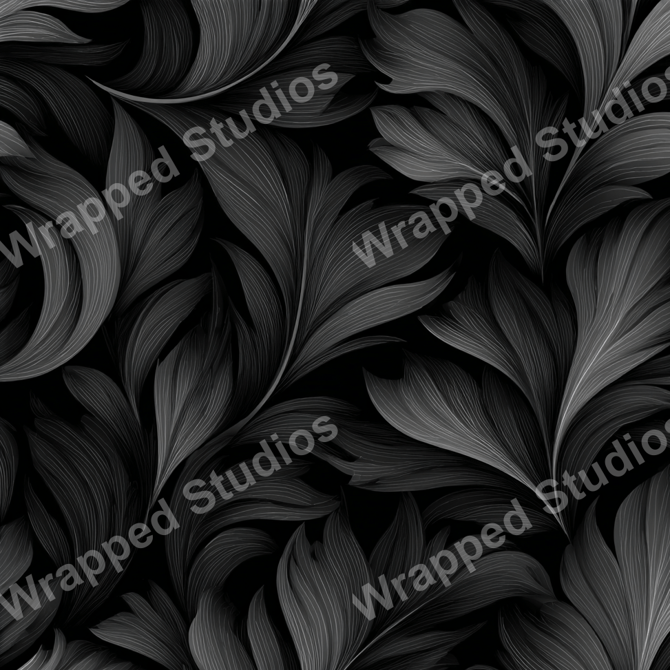 Elegant monochrome floral pattern featuring stylized leaves on a dark background.