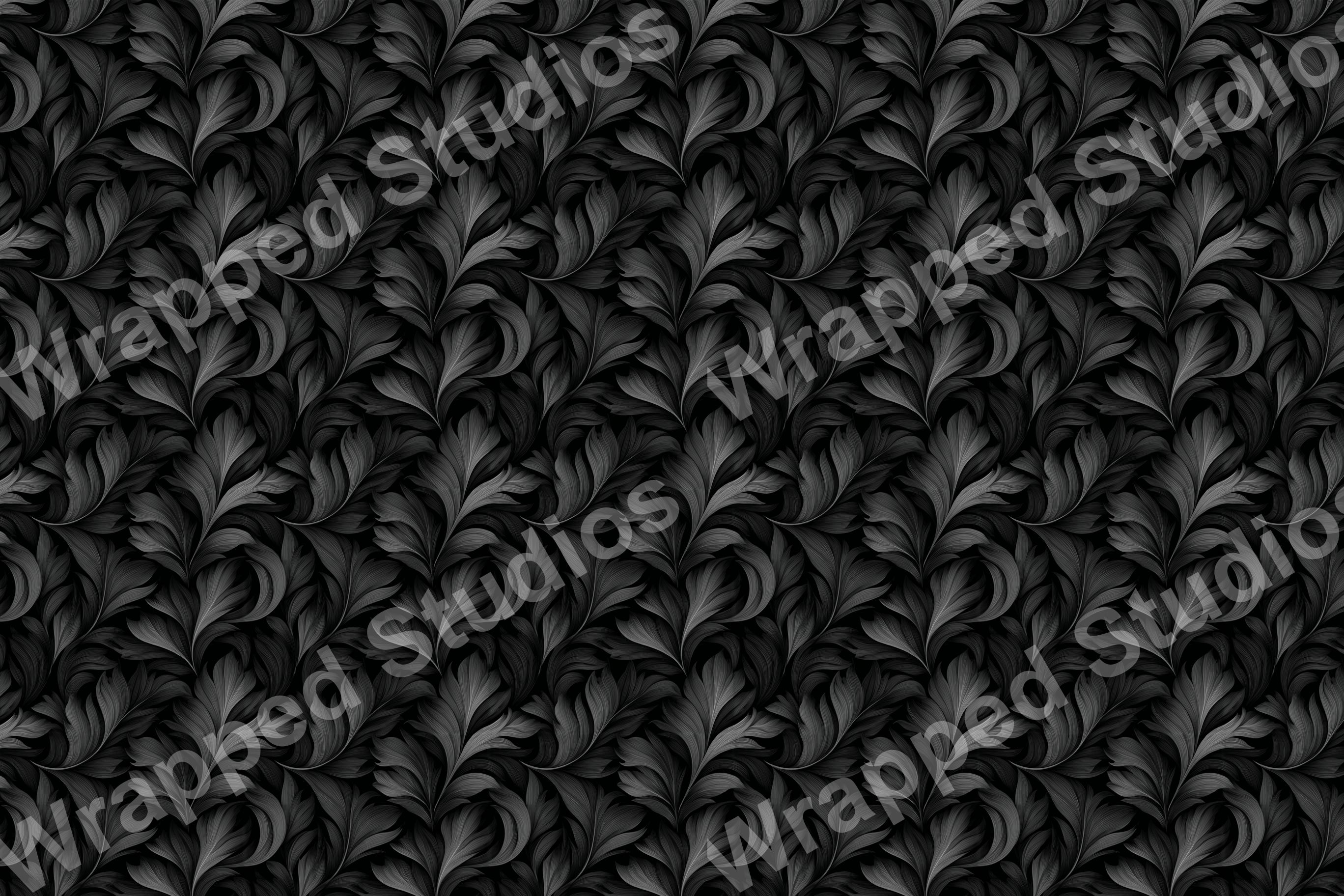 Elegant monochrome botanical pattern of stylized acanthus leaves in shades of gray.