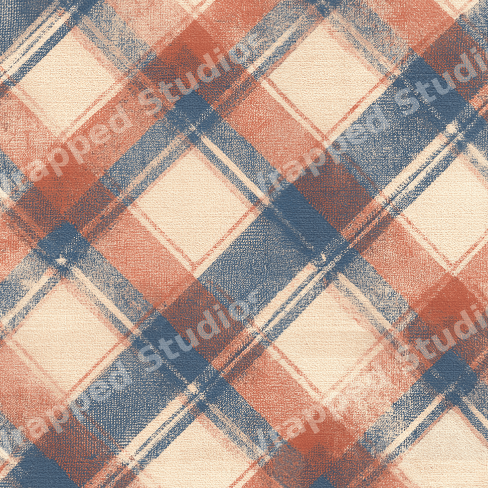 Rustic tartan pattern in slate blue and terracotta orange with a vintage canvas texture.