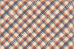 Vintage tartan plaid pattern with navy blue and terracotta orange stripes on a textured beige background.