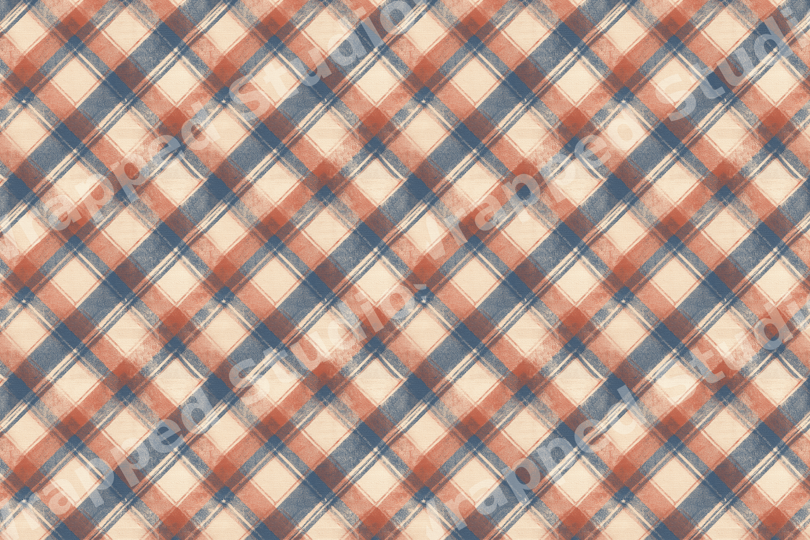 Vintage tartan plaid pattern with navy blue and terracotta orange stripes on a textured beige background.