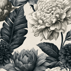 Elegant black and cream vintage botanical floral pattern with engraved dahlias and tropical leaves.
