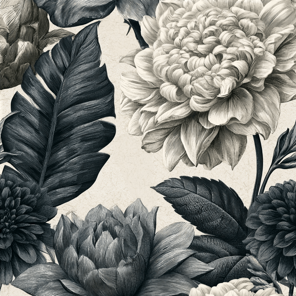 Elegant black and cream vintage botanical floral pattern with engraved dahlias and tropical leaves.