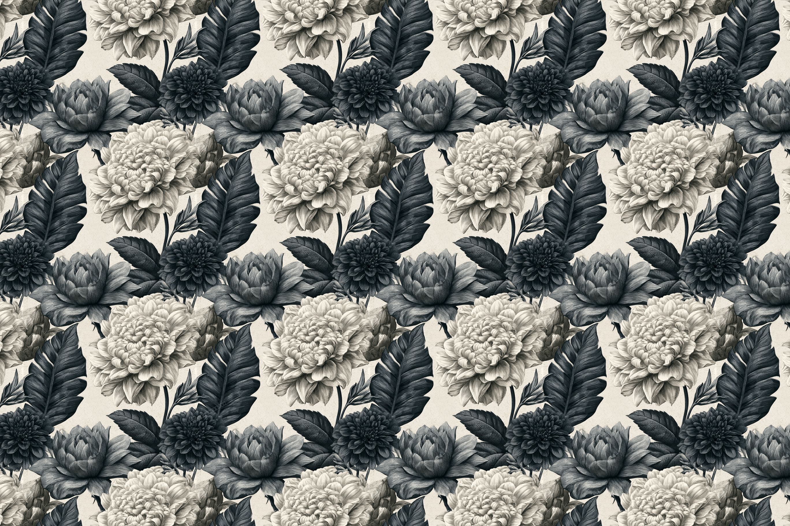 Vintage botanical floral pattern with detailed black dahlia flowers and leaves on a cream background.