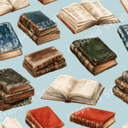 Watercolor vintage book pattern featuring old open and stacked books on a light blue background.