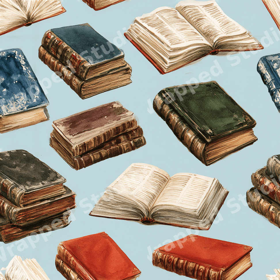 Watercolor vintage book pattern featuring old open and stacked books on a light blue background.