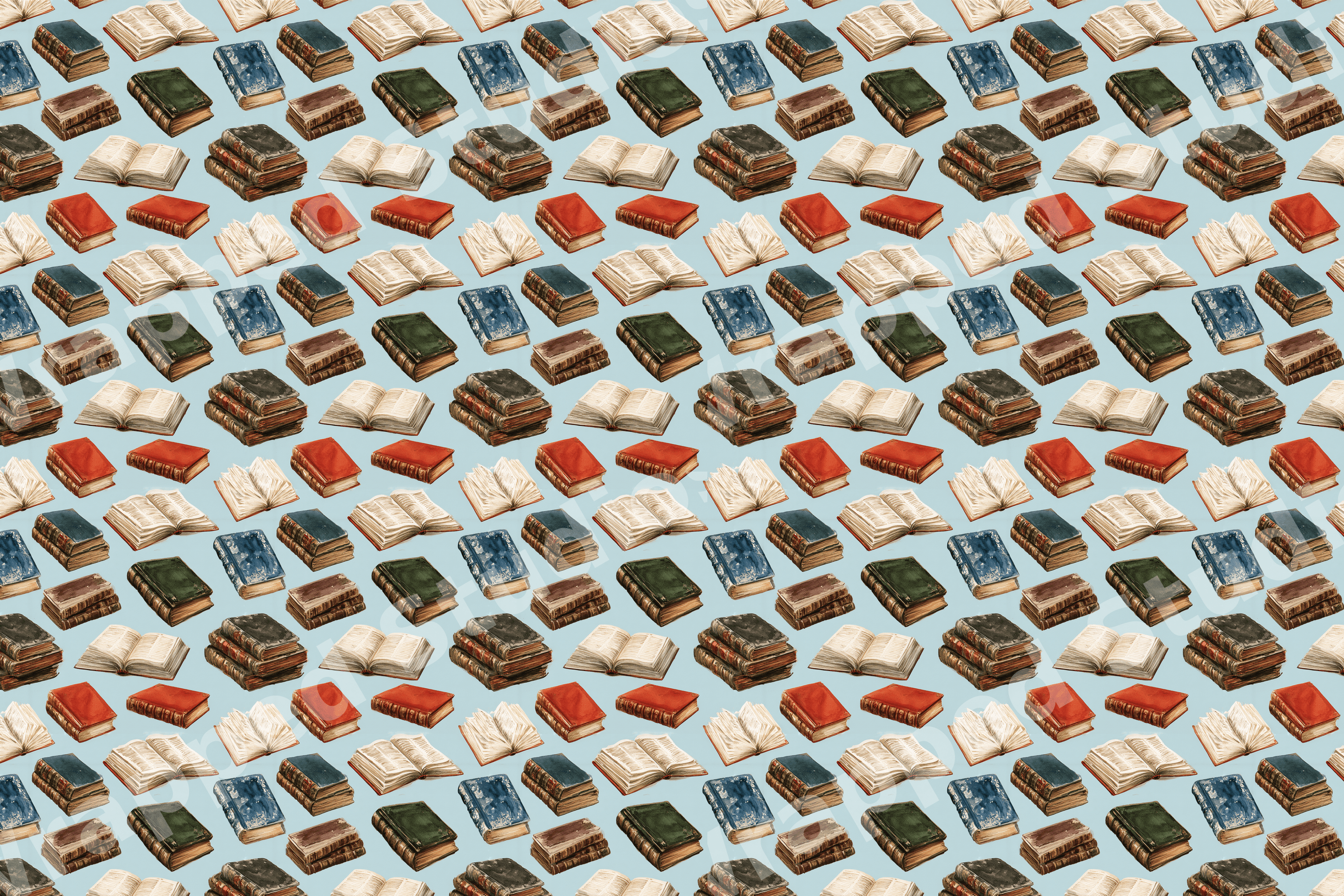 Vintage watercolor book pattern featuring antique book stacks and open pages on a light blue background.