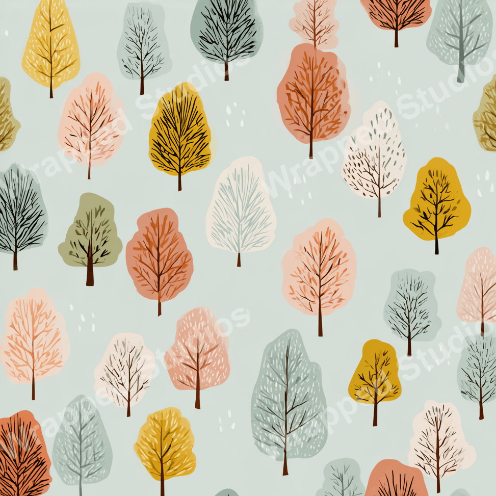 Seamless tree pattern with a vintage aesthetic, featuring muted tones of blue, gold, peach, and green.