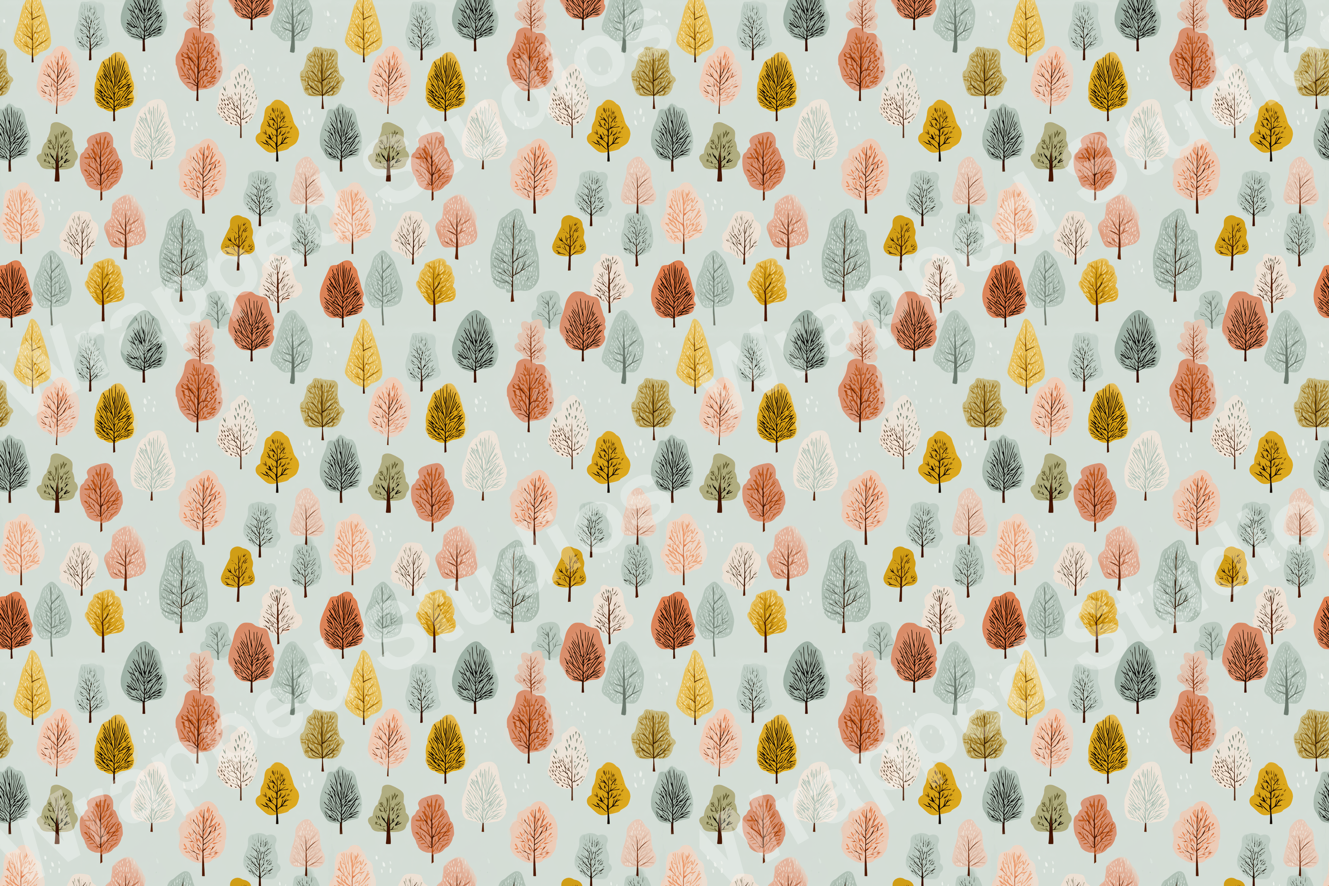 Seamless tree pattern with abstract shapes in brown, gold, pink, and teal on a light blue background.