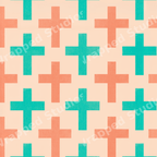 Modern geometric pattern with repeating teal and coral crosses on a soft cream background.