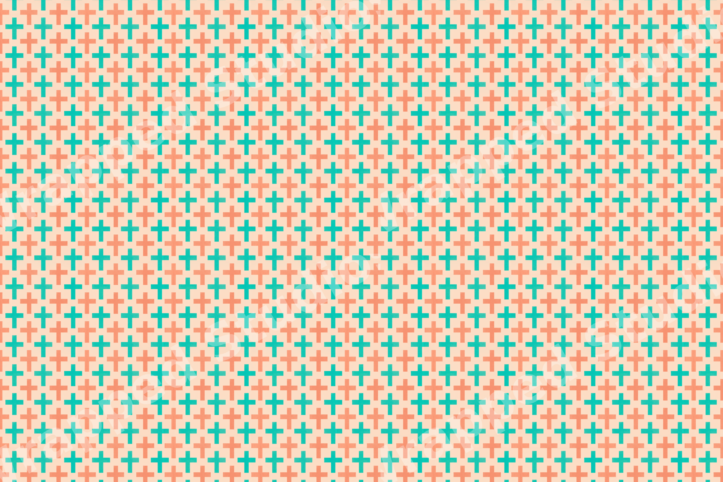 Modern geometric pattern of repeating teal and coral plus signs on a beige background.