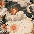 Mystical vintage celestial pattern featuring sun and moon faces, fluffy clouds, and orange floral motifs.