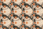 Vintage celestial pattern with mystical suns, crescent moons, cream clouds, and terracotta botanical flowers.