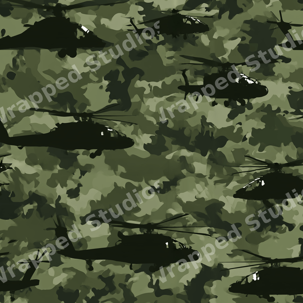 Seamless green camouflage pattern with military helicopter silhouettes.