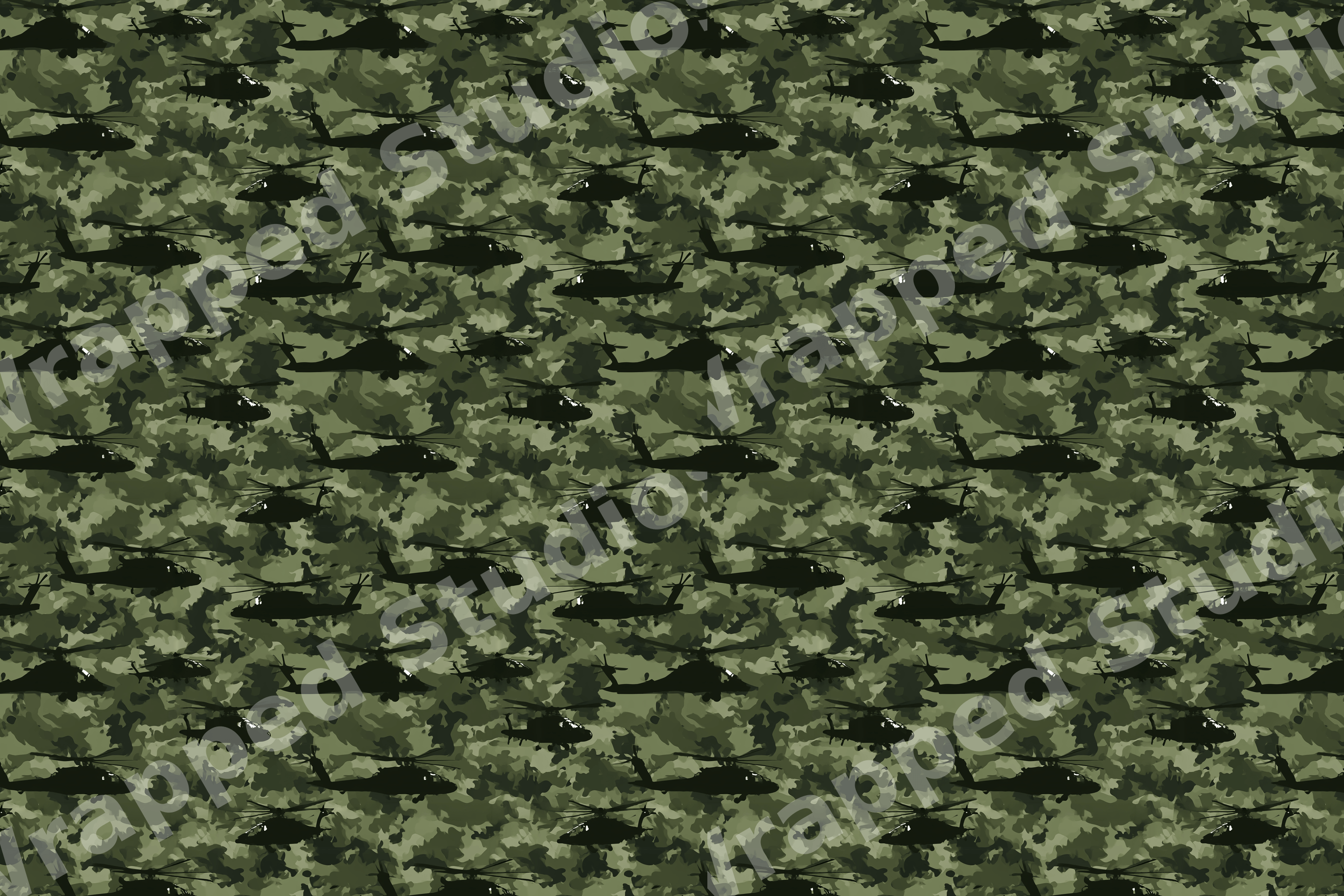 Seamless green military camo pattern with black helicopter silhouettes for a tactical, adventurous look.