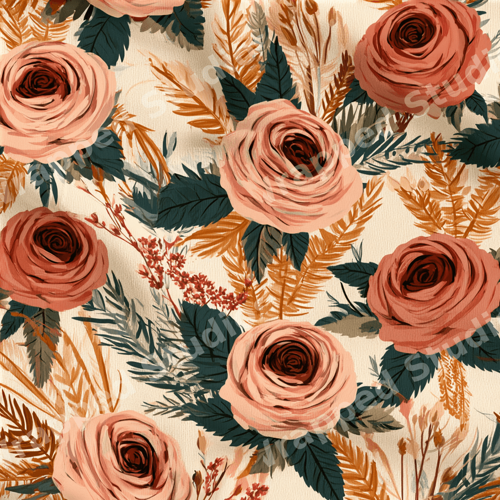 Vintage botanical floral pattern with terracotta roses and golden dried grass on cream.