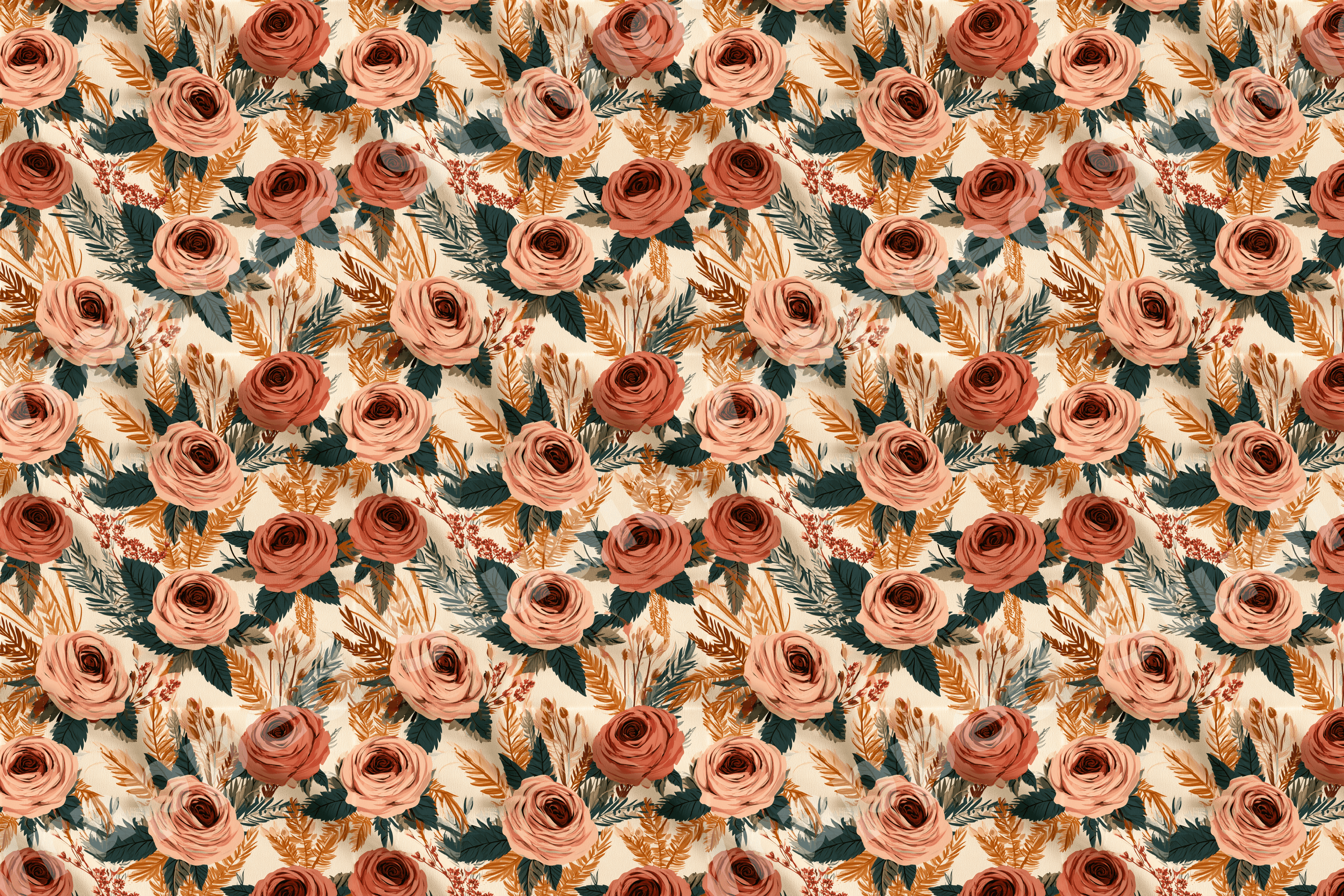 Vintage botanical floral pattern featuring terracotta roses, dried grasses, and green leaves on cream.