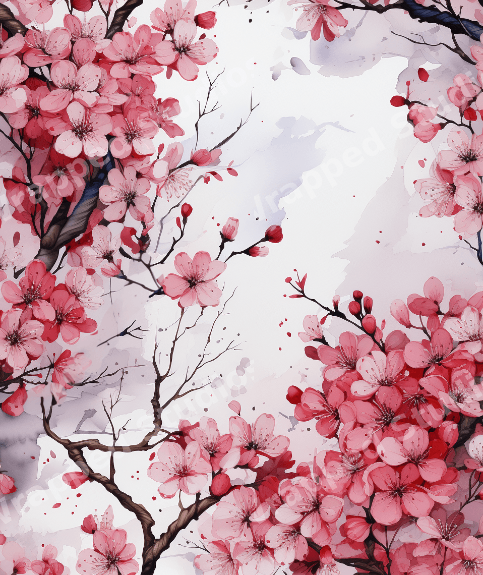 Japanese watercolor cherry blossom pattern with elegant pink sakura floral blooms and branches.
