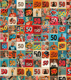 Colorful retro comic book pattern featuring vintage pop art characters and bold 50th birthday typography.