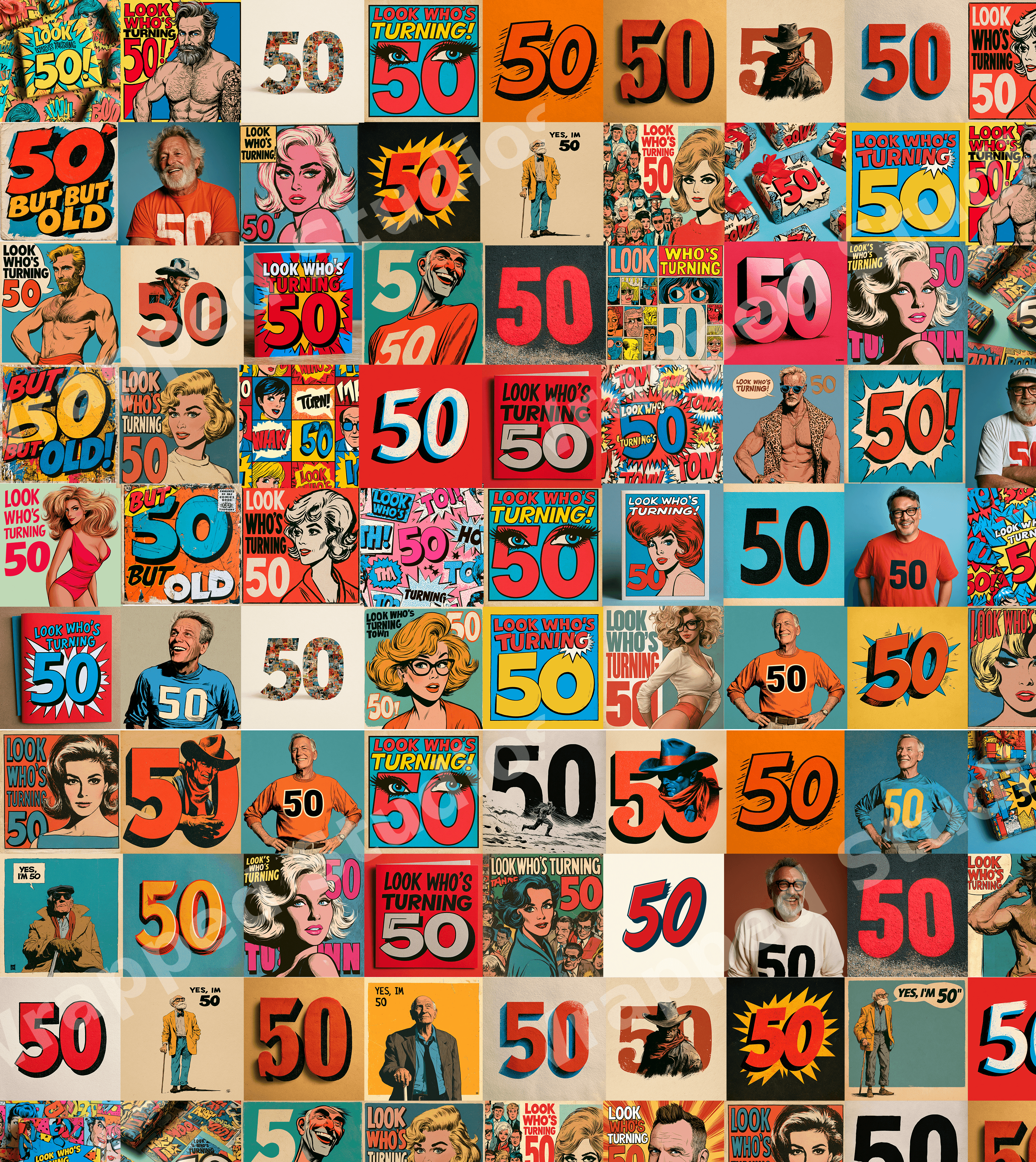 Colorful retro comic book pattern featuring vintage pop art characters and bold 50th birthday typography.