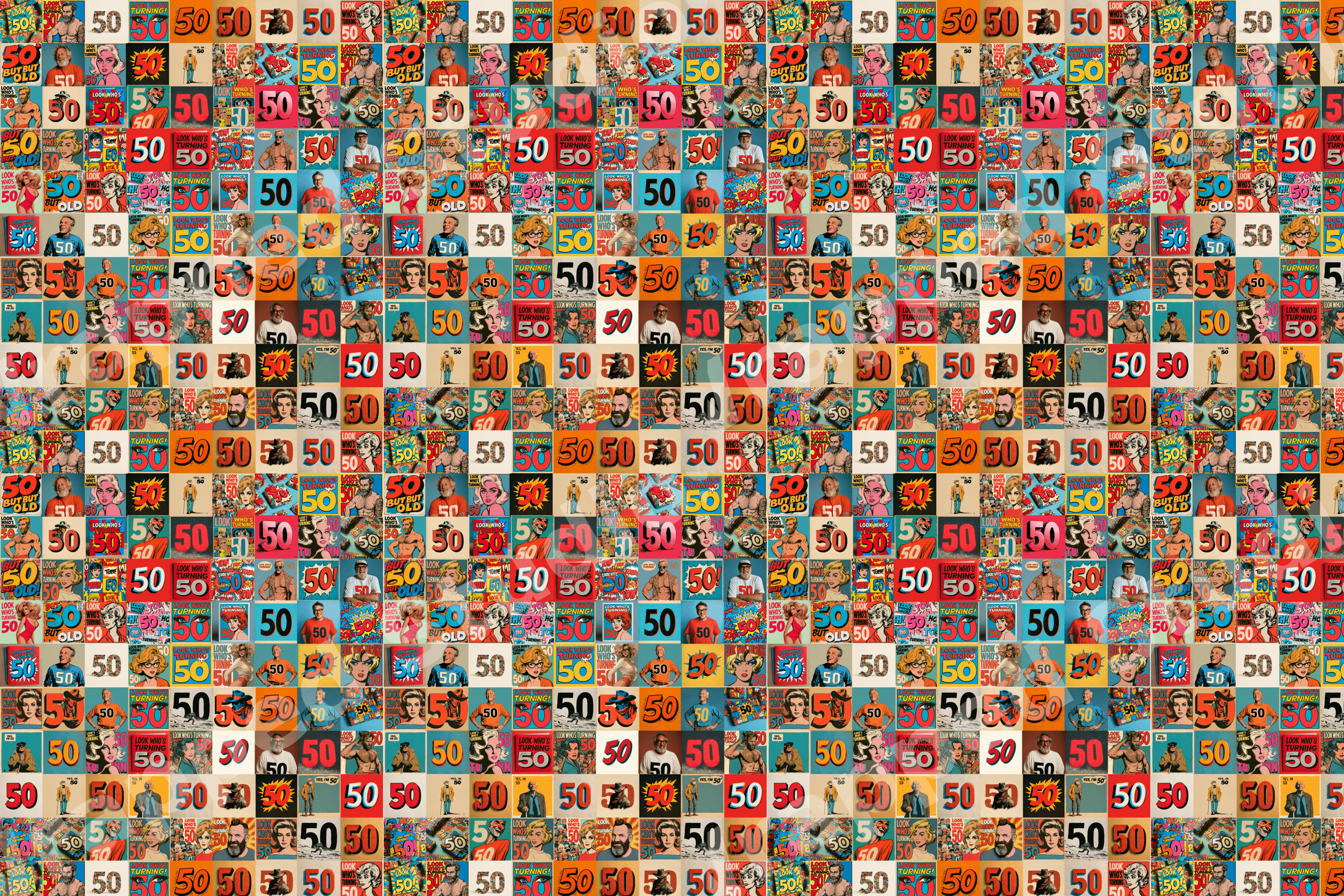 Retro comic book pattern featuring colorful vintage pop art panels celebrating a 50th birthday.
