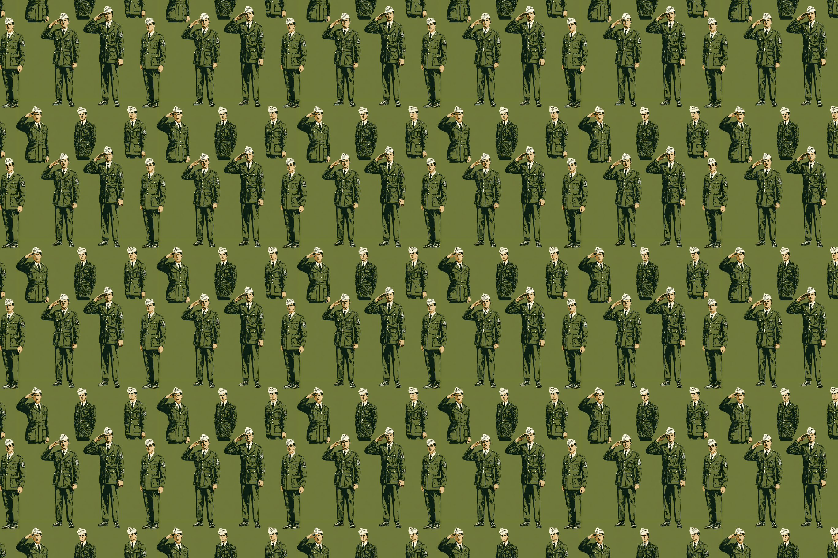 Retro military pattern featuring repeating illustrations of saluting army soldiers in olive green.