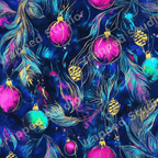 Vibrant Christmas pattern with pink and teal ornaments, gold pinecones, and feathers on dark blue.