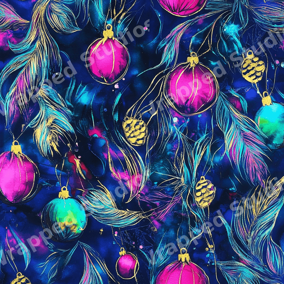 Vibrant Christmas pattern with pink and teal ornaments, gold pinecones, and feathers on dark blue.