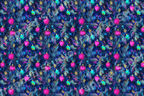 Vibrant holiday pattern with magenta and teal Christmas ornaments and gold pinecones on dark blue.