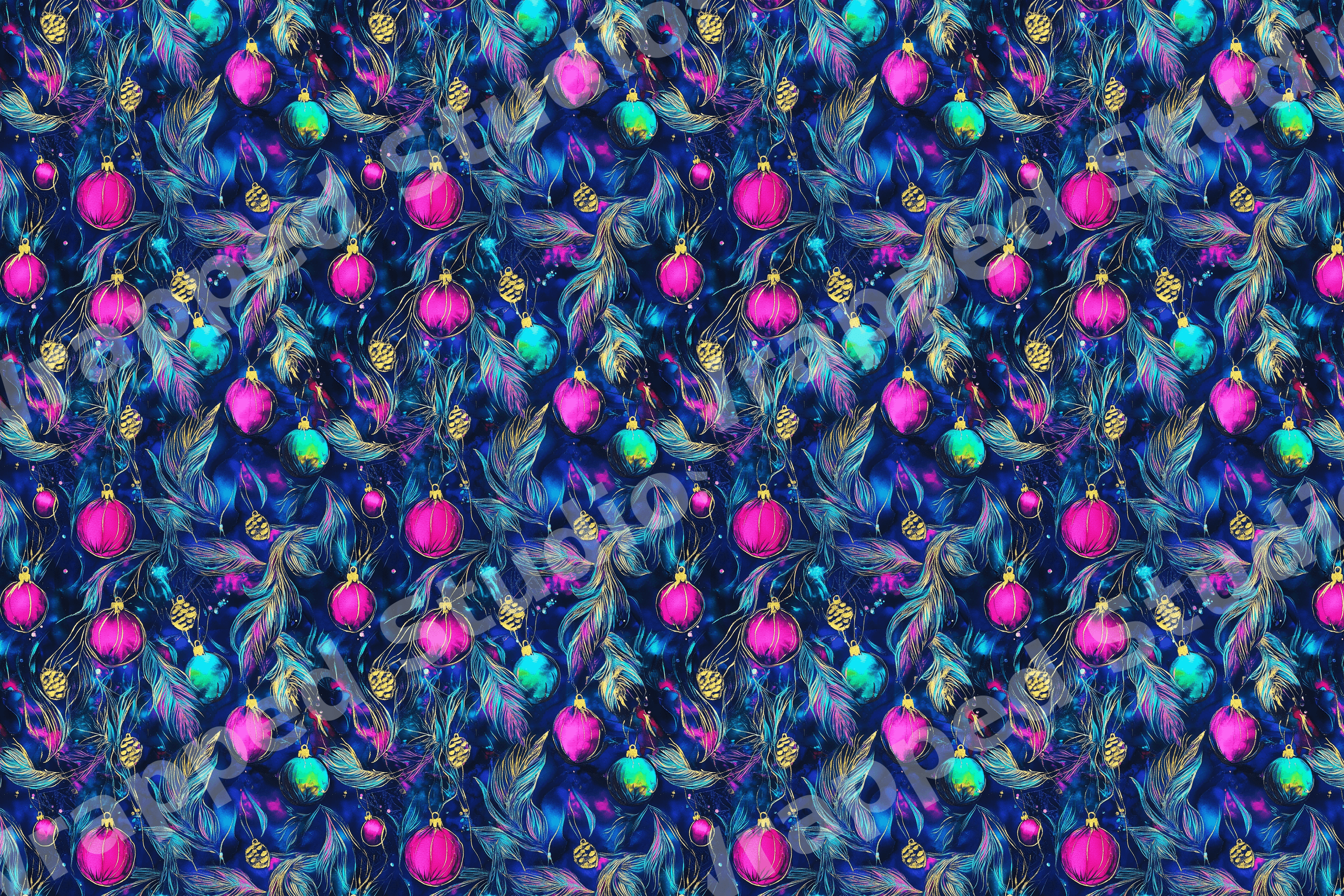 Vibrant holiday pattern with magenta and teal Christmas ornaments and gold pinecones on dark blue.