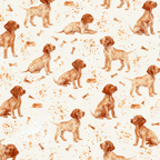 Seamless watercolor dog pattern featuring playful pointer puppies, bones, and splatters on a cream background.