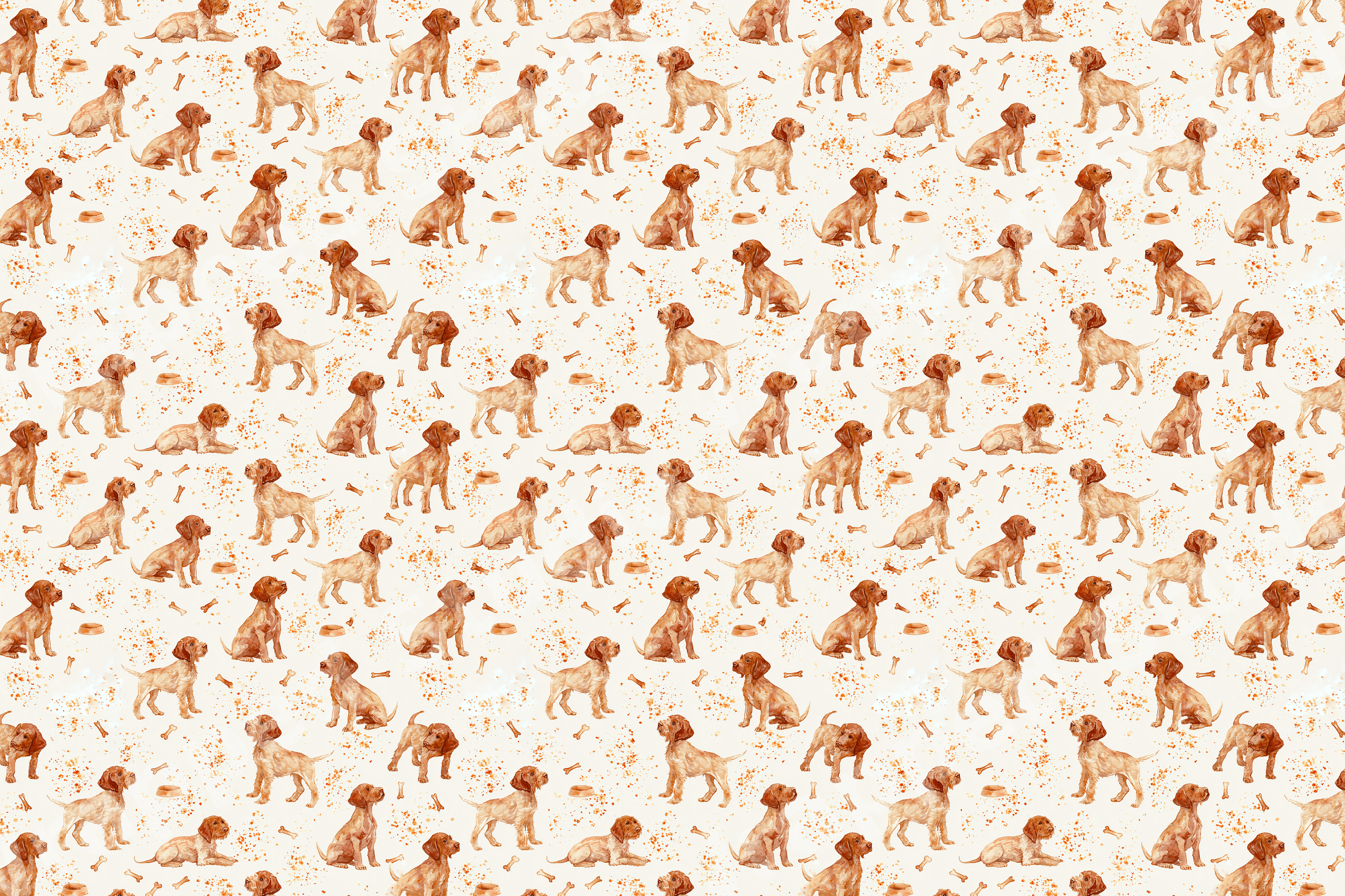 Seamless watercolor puppy dog pattern featuring playful brown pointers and bones on cream.