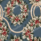 Vintage Christmas botanical pattern with holly wreaths, red berries, and gold rope on a slate blue background.