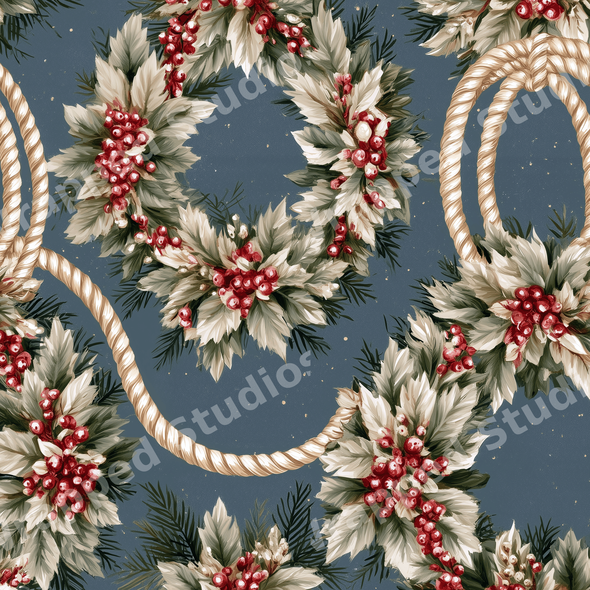 Vintage Christmas botanical pattern with holly wreaths, red berries, and gold rope on a slate blue background.