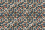 Vintage botanical Christmas pattern with holly wreaths, red berries, and gold ropes on dusty blue.