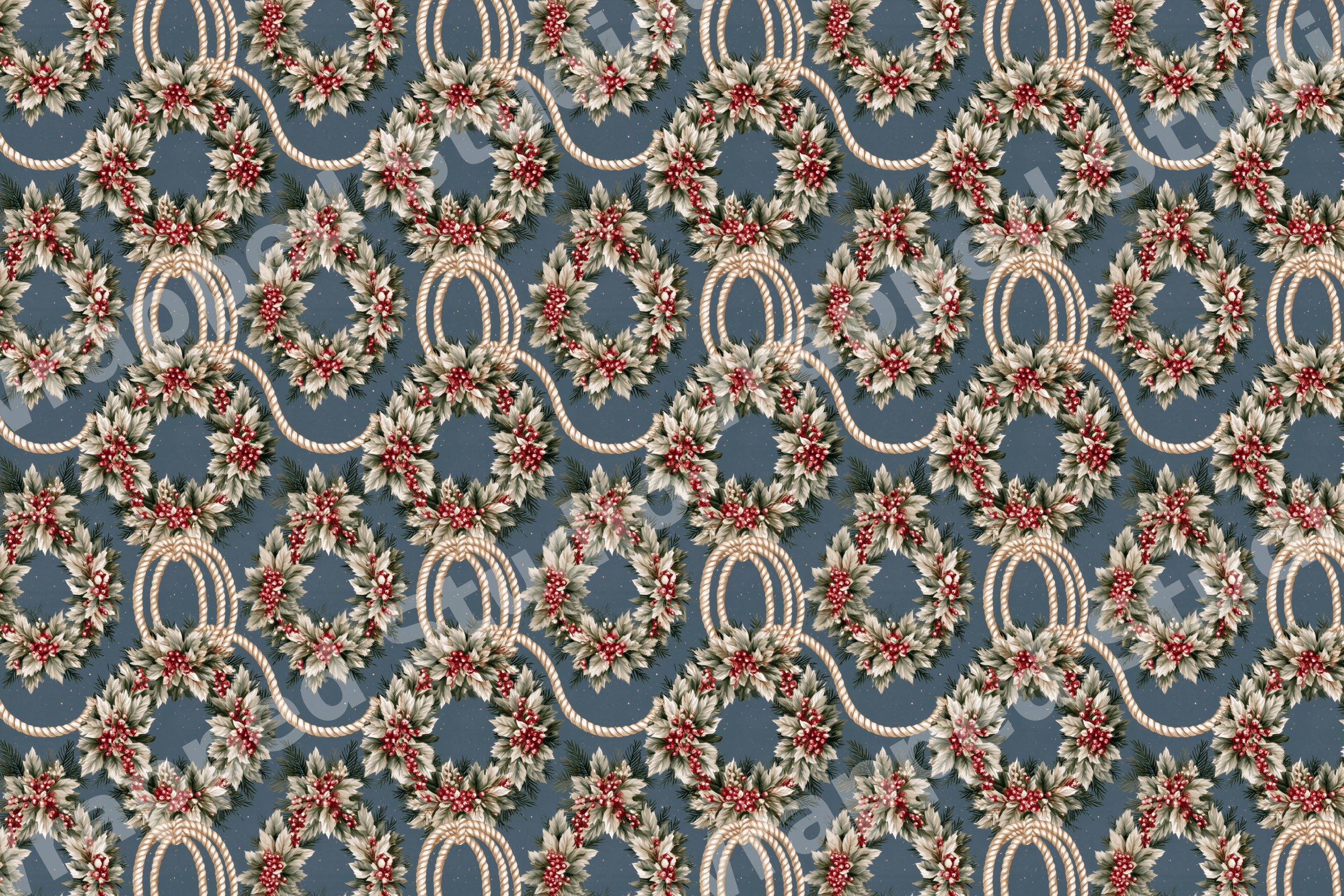 Vintage botanical Christmas pattern with holly wreaths, red berries, and gold ropes on dusty blue.