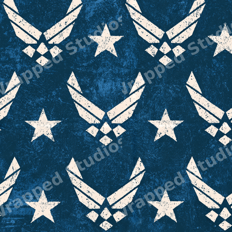 Vintage Air Force seamless pattern featuring distressed white military wings and stars on textured navy blue.