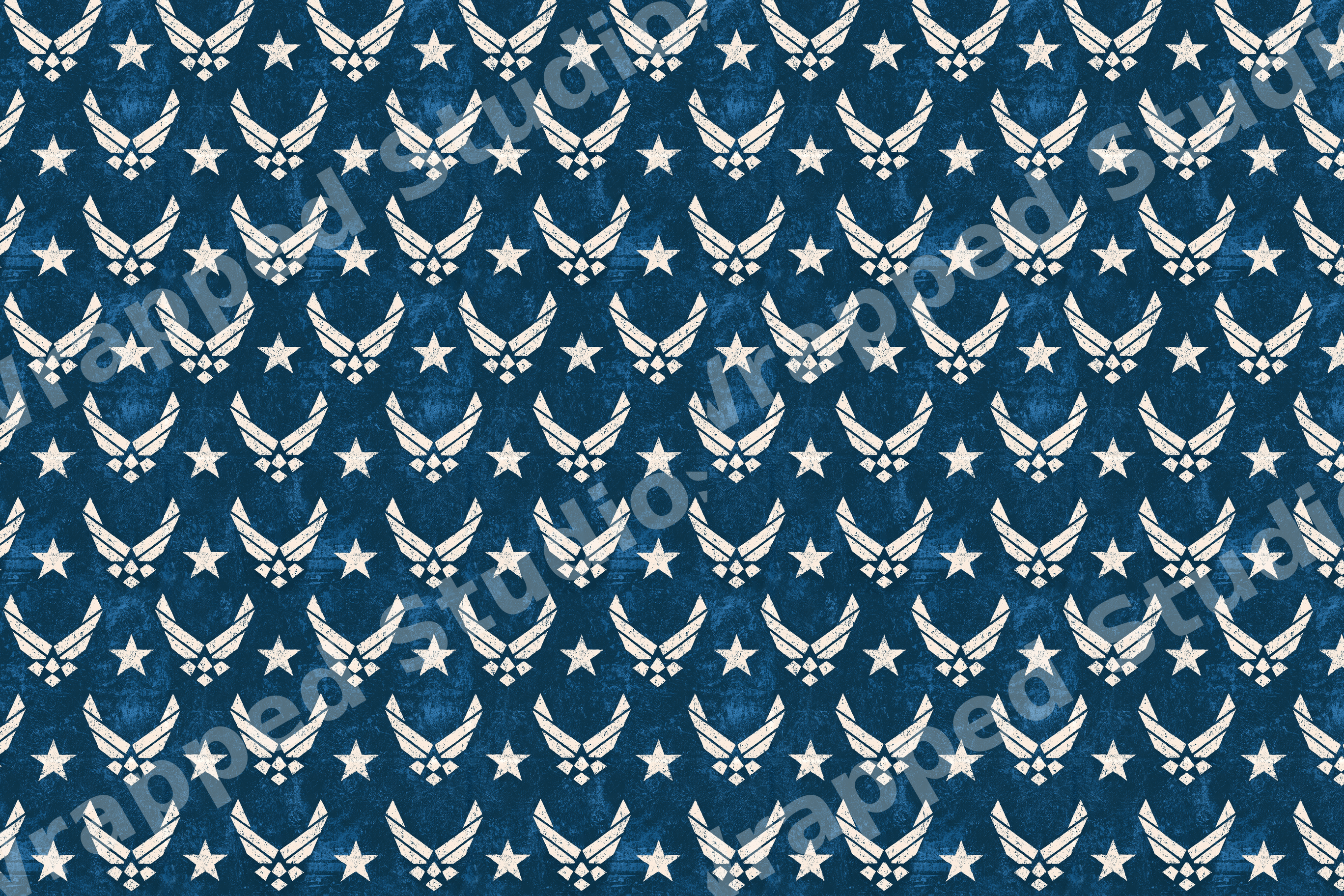Vintage patriotic US Air Force wings and stars pattern in distressed cream on a navy blue background.