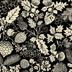 Elegant vintage botanical design with leaves, berries, and pinecones in cream and black.
