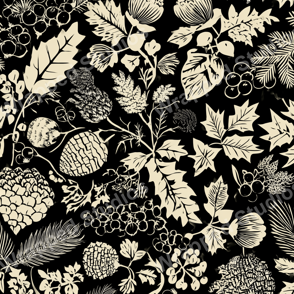 Elegant vintage botanical design with leaves, berries, and pinecones in cream and black.
