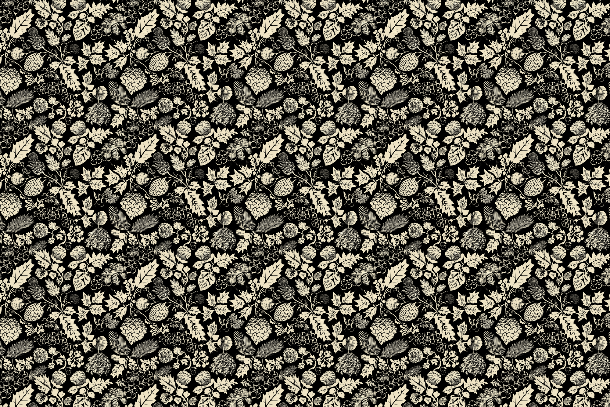 Black and beige floral pattern on a black background. Wrapped Studios wrapping paper