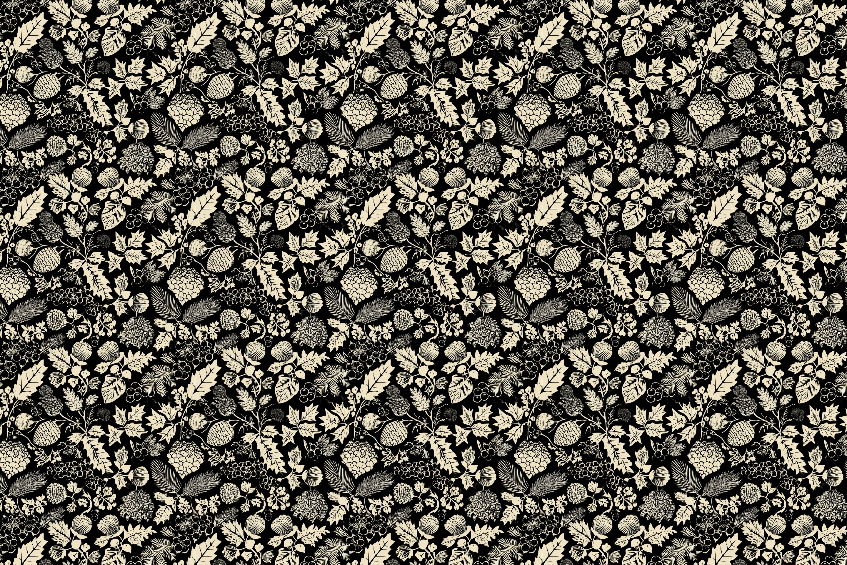 Black and beige floral pattern on a black background. Wrapped Studios wrapping paper