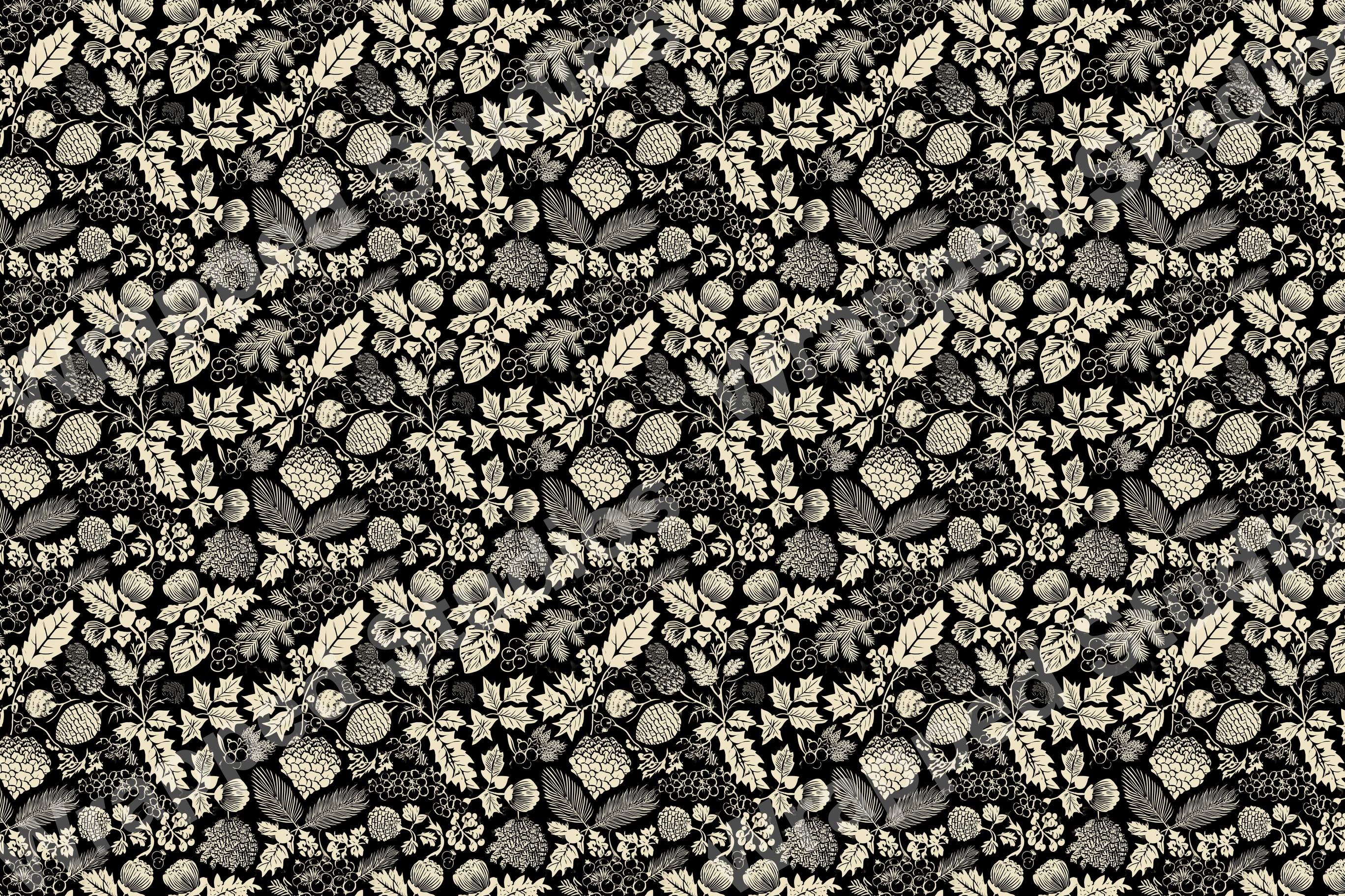 Cream-colored botanical pattern on black with leaves, berries, pinecones, and floral elements in a dense, vintage style.