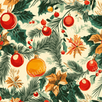 Festive botanical pattern with pine branches, poinsettias, ornaments, and berries in greens, reds, and gold.