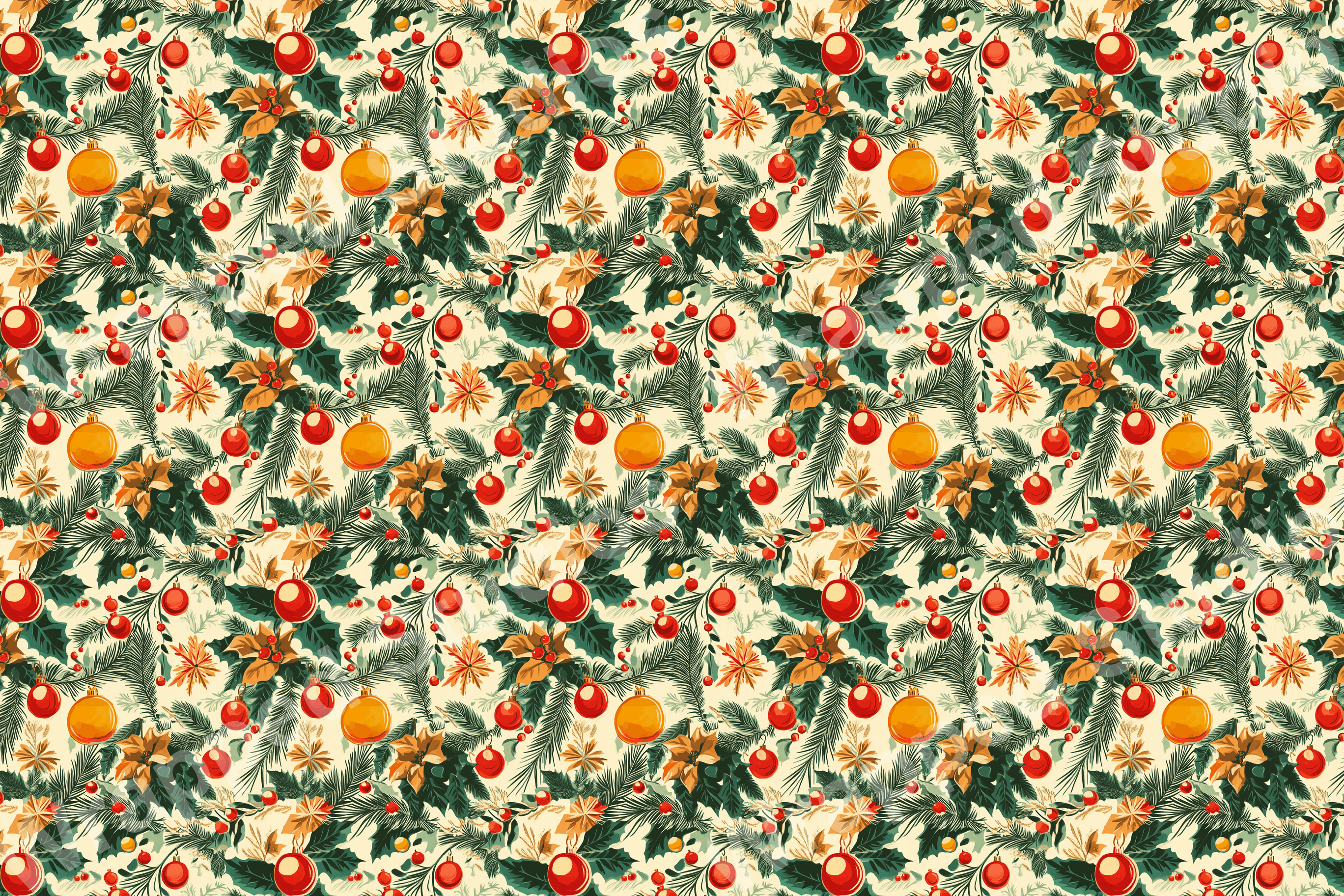 Festive holiday pattern with ornaments, poinsettias and evergreen branches.