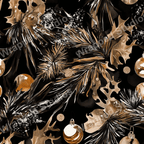 Elegant Christmas pattern with pine branches, holiday ornaments, and oak leaves in brown and black.