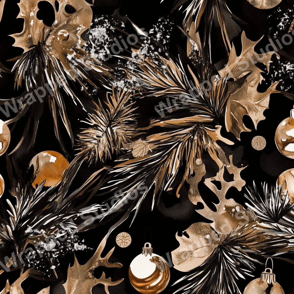 Elegant Christmas pattern with pine branches, holiday ornaments, and oak leaves in brown and black.
