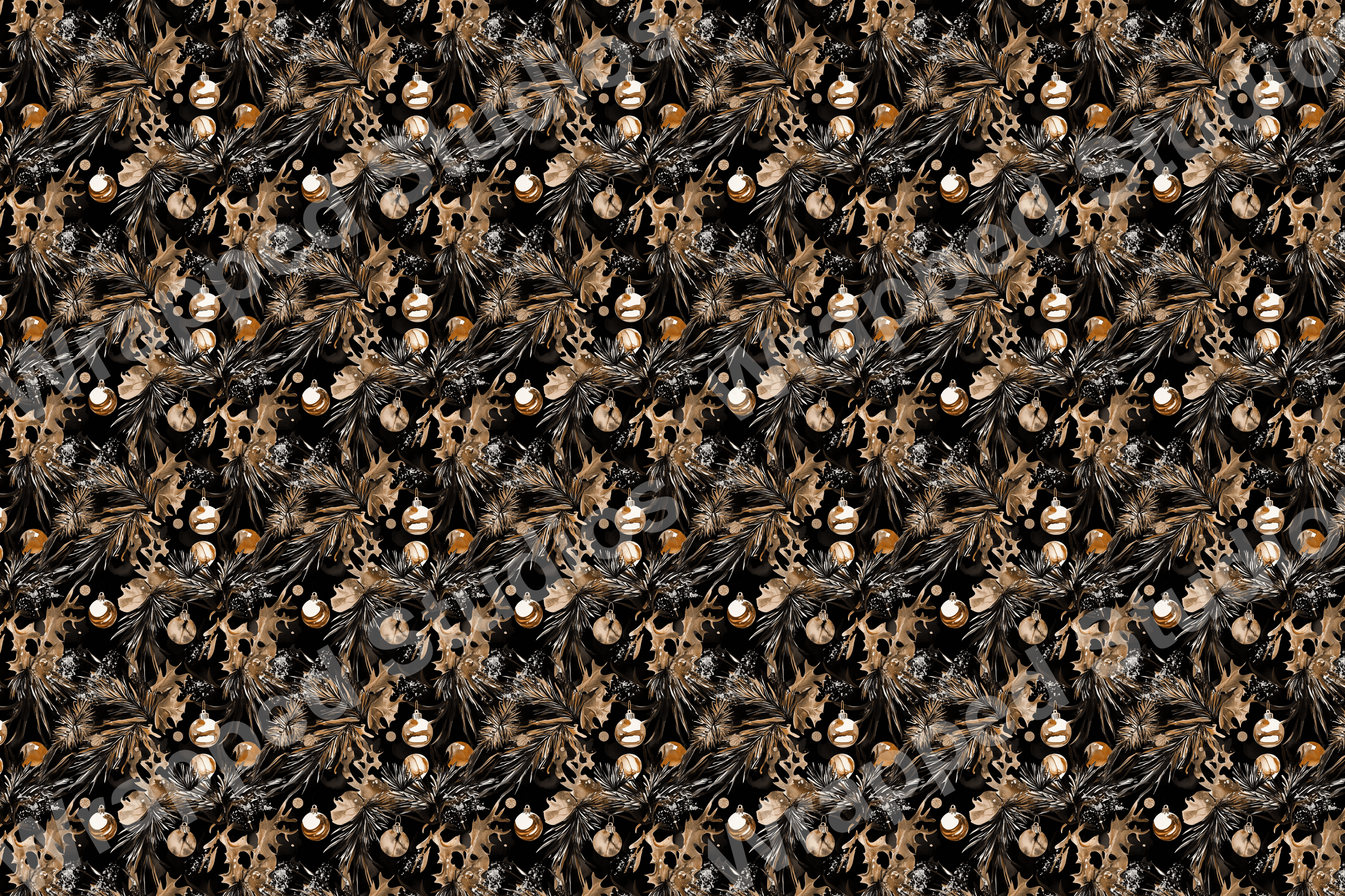 Elegant Christmas pattern with gold ornaments, pine sprigs, and oak leaves on black.