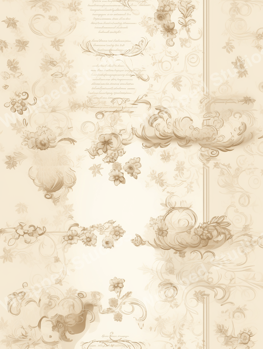 Elegant vintage floral pattern with script accents in sepia tones.